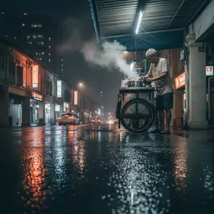 Rain-slicked Singapore street, 3 AM. A lone elderly hawker cleans his cart under one flickering fluorescent light. Steam rises gently. Low-angle shot, photorealistic - Google Nano Banana (2.5 Flash)