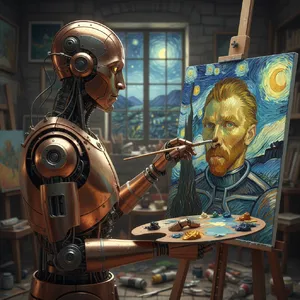 Photorealistic image of a robot painting a realistic self-portrait (i.e. the robot) on canvas, mimicking Van Gogh’s art style; clear, realistic metallic textures and painting details visible - Google Nano Banana (2.5 Flash)