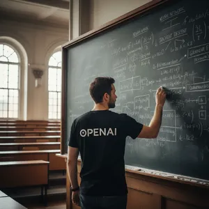 Photorealistic depiction of a man wearing a clearly visible black OpenAI-branded T-shirt. He is standing at the front of a university lecture hall, writing complex mathematics and AI-related equations across a large, dusty chalkboard filled with notation - Google Nano Banana (2.5 Flash)