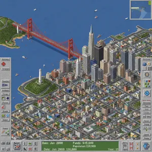 Pixel art cityscape of San Francisco in the iconic SimCity 2000 style, isometric view, detailed skyscrapers, residential areas, clearly identifiable Golden Gate Bridge, Coit Tower, Transamerica Pyramid, surrounded by the classic SimCity 2000 UI elements - Google Nano Banana (2.5 Flash)