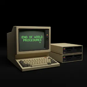 Vintage Apple II computer with green monochrome CRT screen, displaying 'END OF WORLD PROCEDURES' in green text. Two external floppy drives stacked on the right, labeled disk II with rainbow Apple logos. Beige casing, black background, retro aesthetic. - Google Nano Banana (2.5 Flash)