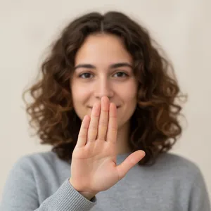Photorealistic close-up portrait of a person clearly performing the American Sign Language gesture for 