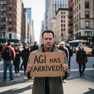 Photorealistic daytime street photograph, clearly showing a man standing still on a busy urban street corner holding a rectangular cardboard sign clearly facing camera, handwritten bold black marker text clearly readable as 