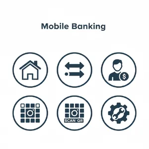 Set of 5 consistent flat design icons for a mobile banking app: 'Home', 'Transfer', 'Account', 'Scan QR', 'Settings'. Monochrome dark blue. - Google Nano Banana (2.5 Flash)
