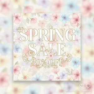 Instagram post graphic: 'SPRING SALE 30% OFF'. Floral background, pastel colors, elegant serif font style visually integrated. - Google Nano Banana (2.5 Flash)