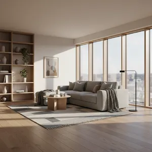 A photorealistic interior of a modern Scandinavian-style living room with natural light streaming through floor-to-ceiling windows. Show detailed wood textures, fabric materials, and proper light reflections. - Google Nano Banana (2.5 Flash)