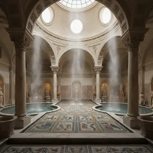 An ancient Roman bathhouse interior with accurate architectural details - marble columns, mosaic floors, arched ceilings, and steam rising from pools. Natural light from oculus openings. - Google Nano Banana (2.5 Flash)