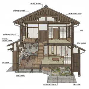 Cutaway architectural drawing of a traditional Japanese machiya townhouse showing all rooms and structural elements. Include accurate proportions, traditional joinery, and typical spatial organization. - Google Nano Banana (2.5 Flash)
