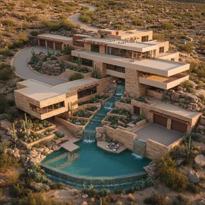 Aerial view of a modernist desert home, in the style of Frank Lloyd Wright's Fallingwater but adapted to desert conditions. Show integration with rocky landscape and water features. - Google Nano Banana (2.5 Flash)