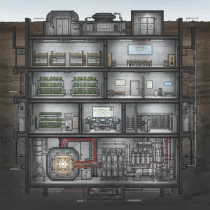 Cross-section rendering of a multi-level underground bunker with different functional areas, structural support systems, ventilation, and power generation facilities visible. - Google Nano Banana (2.5 Flash)