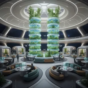Interior of a futuristic space habitat with hydroponics gardens, communal areas, and living quarters. Show curved walls, artificial gravity considerations, and multipurpose furniture designs. - Google Nano Banana (2.5 Flash)
