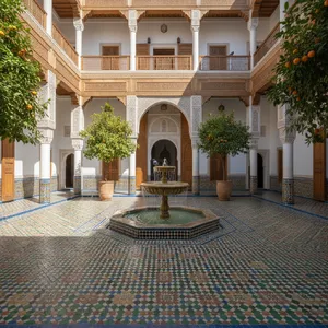 A traditional Moroccan riad courtyard with detailed zellige tilework, flowing fountain, citrus trees, and ornate woodwork. Morning light casting intricate shadow patterns. - Google Nano Banana (2.5 Flash)