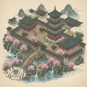 Isometric architectural illustration of an ancient Chinese temple complex showing multiple pavilions, gardens, and ceremonial spaces. Include proper roof structures and traditional ornamentation. - Google Nano Banana (2.5 Flash)