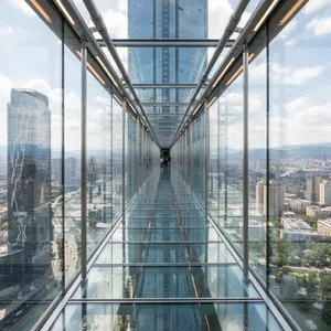 Photorealistic rendering of a contemporary glass skybridge between two skyscrapers, seen from inside with city views visible through glass walls and floor. Show accurate reflections and structural details. - Google Nano Banana (2.5 Flash)