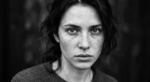 A black and white close-up portrait of a freckled woman with an intense gaze. - Google Nano Banana 2