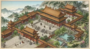 Isometric architectural illustration of an ancient Chinese temple complex showing multiple pavilions, gardens, and ceremonial spaces. Include proper roof structures and traditional ornamentation. - Google Nano Banana 2