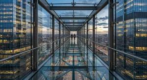 Photorealistic rendering of a contemporary glass skybridge between two skyscrapers, seen from inside with city views visible through glass walls and floor. Show accurate reflections and structural details. - Google Nano Banana 2