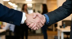 A close-up of two people shaking hands, both hands fully visible with five fingers each, in sharp focus against a blurred background. - Google Nano Banana 2