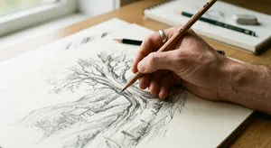 A hand drawing a sketch on paper with a pencil, the hand and pencil tip in clear focus. - Google Nano Banana 2