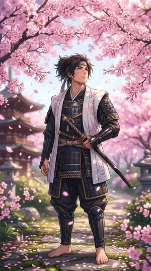 An anime-style portrait of a samurai standing under pink cherry blossoms. - Google Nano Banana 2