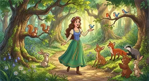 A classic Disney-like 2D cartoon princess singing with animals in a forest. - Google Nano Banana 2