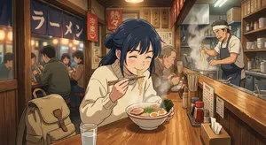 An anime scene of a character eating ramen at a small shop counter (slice-of-life style). - Google Nano Banana 2