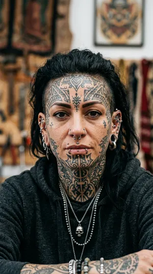 A portrait of a person with elaborate facial tattoos and piercings, shown in sharp detail. - Google Nano Banana 2
