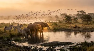 A misty dawn at an African savanna watering hole where elephants, lions, and zebras coexist in tense harmony, with a crocodile partially submerged in the foreground and flamingos taking flight in the background, golden hour lighting. - Google Nano Banana 2