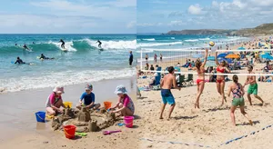 A beach scene: adults playing volleyball, kids building sandcastles, and surfers riding waves. - Google Nano Banana 2