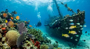 An underwater scene with scuba divers exploring a coral reef alongside colorful fish and a sunken ship. - Google Nano Banana 2