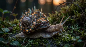 A snail whose shell contains a miniature city skyline, depicted in a hyperrealistic macro photography style with intricate architectural details and ambient lighting. - Google Nano Banana 2