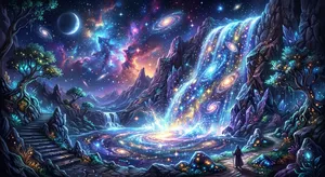 A waterfall that pours out stars and galaxies instead of water, illustrated in a cosmic fantasy style with vibrant space colors and dramatic lighting effects. - Google Nano Banana 2