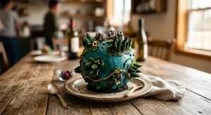 A dessert cake that looks like a tiny planet, complete with miniature trees and mountains, photographed in a professional food photography style with tilt-shift focus effect. - Google Nano Banana 2