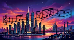 A city skyline that forms the shape of musical notes on a staff, created in a stylized graphic design aesthetic with clean architectural lines and dramatic twilight colors. - Google Nano Banana 2