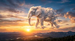 An elephant made of clouds floating in a sunset sky, rendered in a surrealist photorealistic style with ethereal golden lighting and atmospheric depth. - Google Nano Banana 2