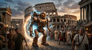 A steampunk robot time-traveling in ancient Rome, depicted in a detailed cinematic style that blends historical accuracy with copper and brass retrofuturistic aesthetics. - Google Nano Banana 2