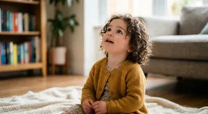 A hyper-realistic photo of a toddler with curly hair and big eyes, looking upward. - Google Nano Banana 2