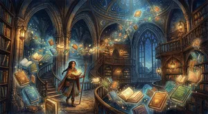 A library where the books are glowing and floating in mid-air, illustrated in a magical realism style with dramatic lighting and rich atmospheric colors. - Google Nano Banana 2