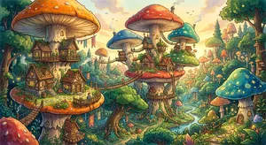 A forest of giant mushrooms with houses built on top of them, rendered in a whimsical Studio Ghibli-inspired art style with vibrant colors and fantastical details. - Google Nano Banana 2