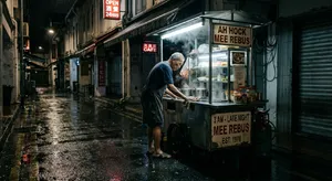 Rain-slicked Singapore street, 3 AM. A lone elderly hawker cleans his cart under one flickering fluorescent light. Steam rises gently. Low-angle shot, photorealistic - Google Nano Banana 2