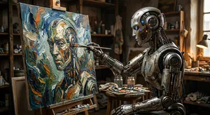 Photorealistic image of a robot painting a realistic self-portrait (i.e. the robot) on canvas, mimicking Van Gogh’s art style; clear, realistic metallic textures and painting details visible - Google Nano Banana 2