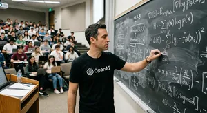 Photorealistic depiction of a man wearing a clearly visible black OpenAI-branded T-shirt. He is standing at the front of a university lecture hall, writing complex mathematics and AI-related equations across a large, dusty chalkboard filled with notation - Google Nano Banana 2