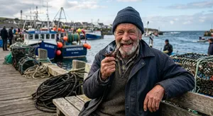 A 4K photo of an old fisherman with a weathered face and a pipe, grinning. - Google Nano Banana 2