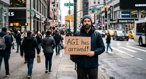 Photorealistic daytime street photograph, clearly showing a man standing still on a busy urban street corner holding a rectangular cardboard sign clearly facing camera, handwritten bold black marker text clearly readable as 