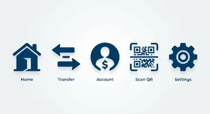 Set of 5 consistent flat design icons for a mobile banking app: 'Home', 'Transfer', 'Account', 'Scan QR', 'Settings'. Monochrome dark blue. - Google Nano Banana 2