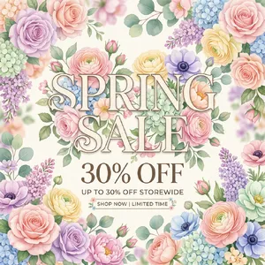 Instagram post graphic: 'SPRING SALE 30% OFF'. Floral background, pastel colors, elegant serif font style visually integrated. - Google Nano Banana 2