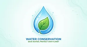 Visual element for an infographic about water conservation. Stylized water droplet icon containing a small green leaf, clean vector art. - Google Nano Banana 2