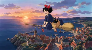 A young witch flying on a broomstick above a coastal town at sunset. Exact art style of 'Kiki's Delivery Service' by Studio Ghibli, with Miyazaki's character design and warm colors. - Google Nano Banana 2