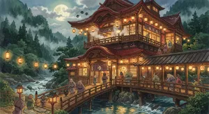 An enchanted bathhouse with glowing lanterns and spirits. Recreate the visual style of 'Spirited Away' by Studio Ghibli, with Miyazaki's ornate architecture and magical atmosphere. - Google Nano Banana 2