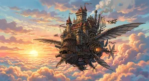A flying castle floating in clouds at sunrise. Match the visual aesthetic of 'Howl's Moving Castle' by Studio Ghibli, with Miyazaki's blend of steampunk elements and fantasy. - Google Nano Banana 2